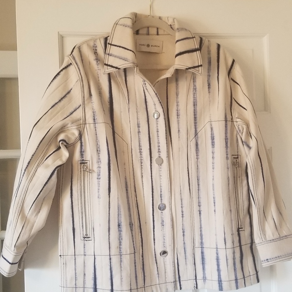 Tory Burch Cream and Blue Striped Jacket